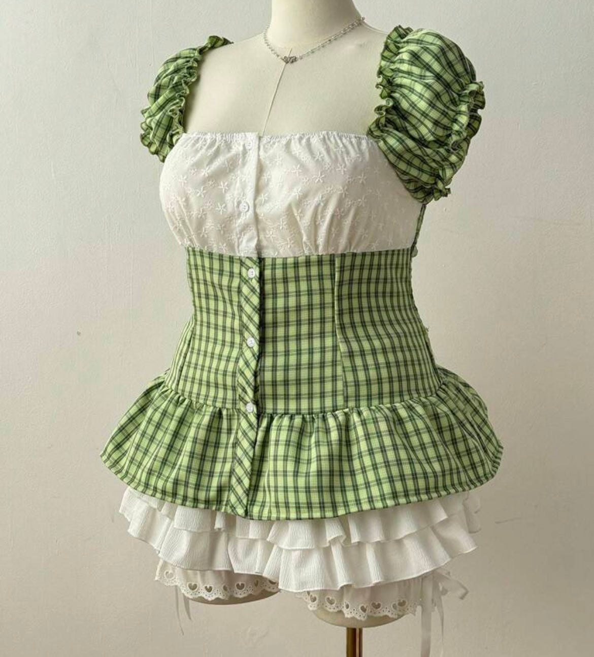 Gingham Corset-Style With Puff Sleeves And Peplum Hem Blouse