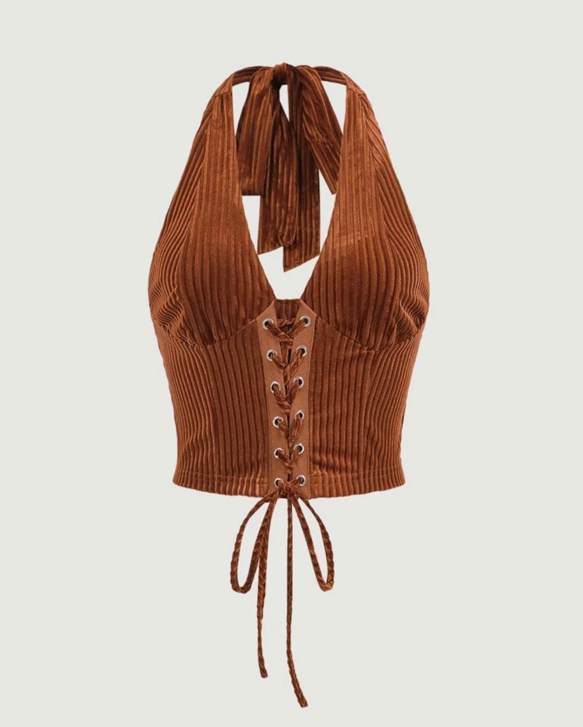 Ribbed Halter Top With Lace-Up Front