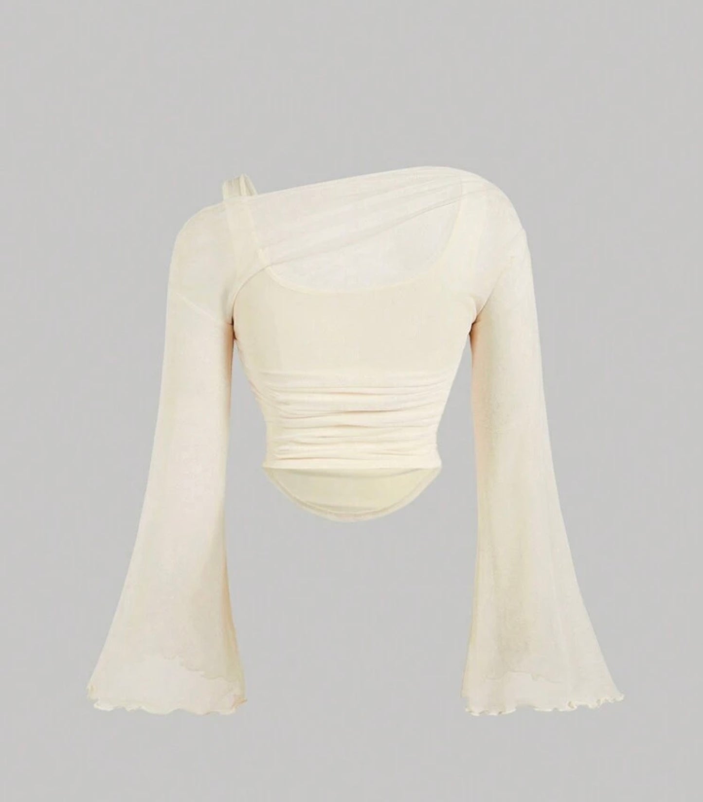 Asymmetrical Mesh Top with Pink Lily Print and Flared Sleeves