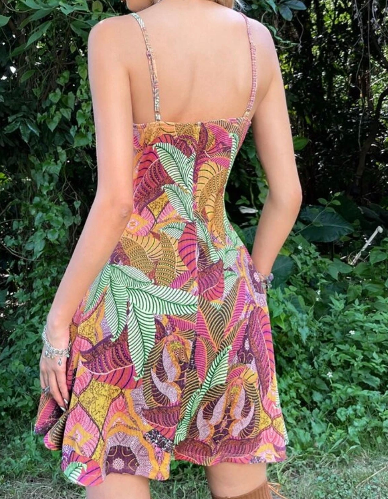 Tropical Print And Lace Trim Mini Dress