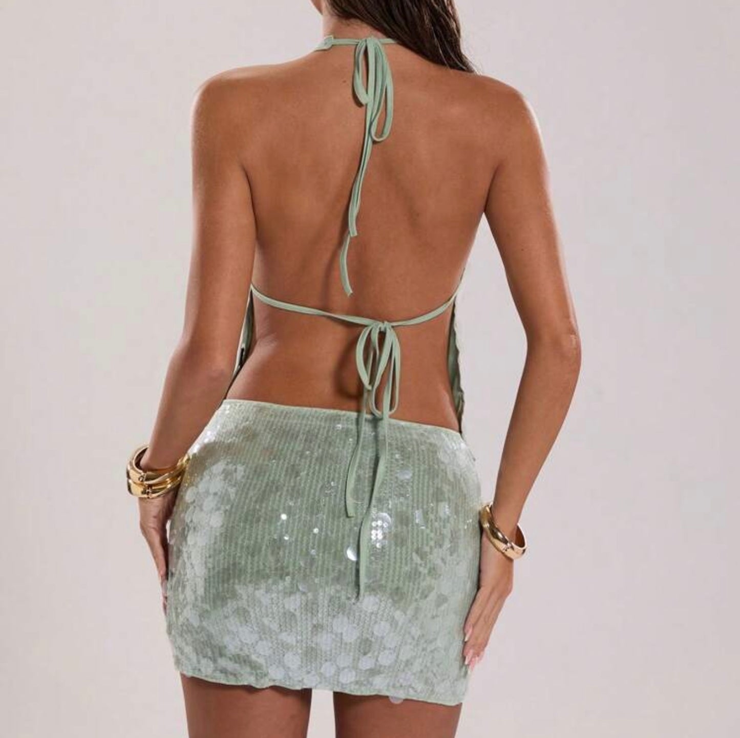 Sparkly Sage Set With Halter Top & Mini Skirt