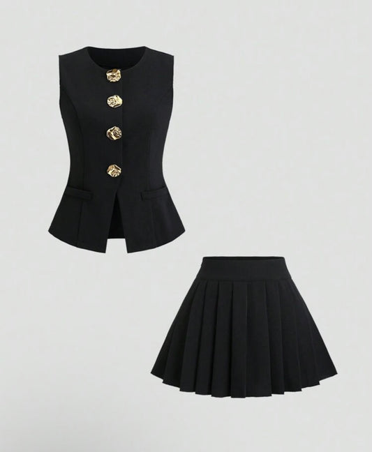 Cardigan & Pleated Mini Skirt Set