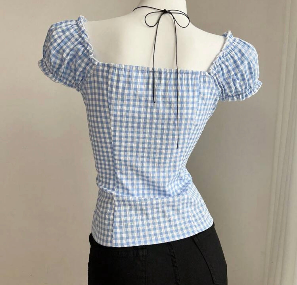 Blue Gingham Ruffle With Puff Sleeves Shirt