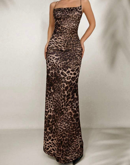 Leopard Print Backless Lace-Up Strap Dress