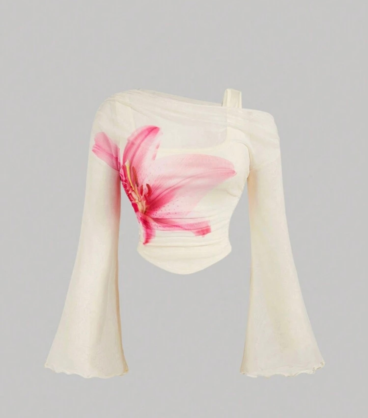 Asymmetrical Mesh Top with Pink Lily Print and Flared Sleeves