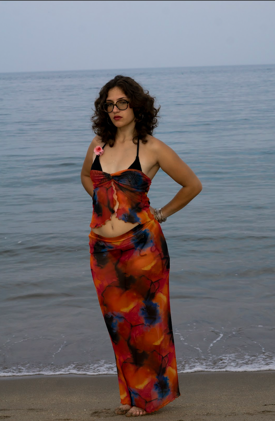 Abstract Set With Strapless Tie-Front Top & Maxi Skirt