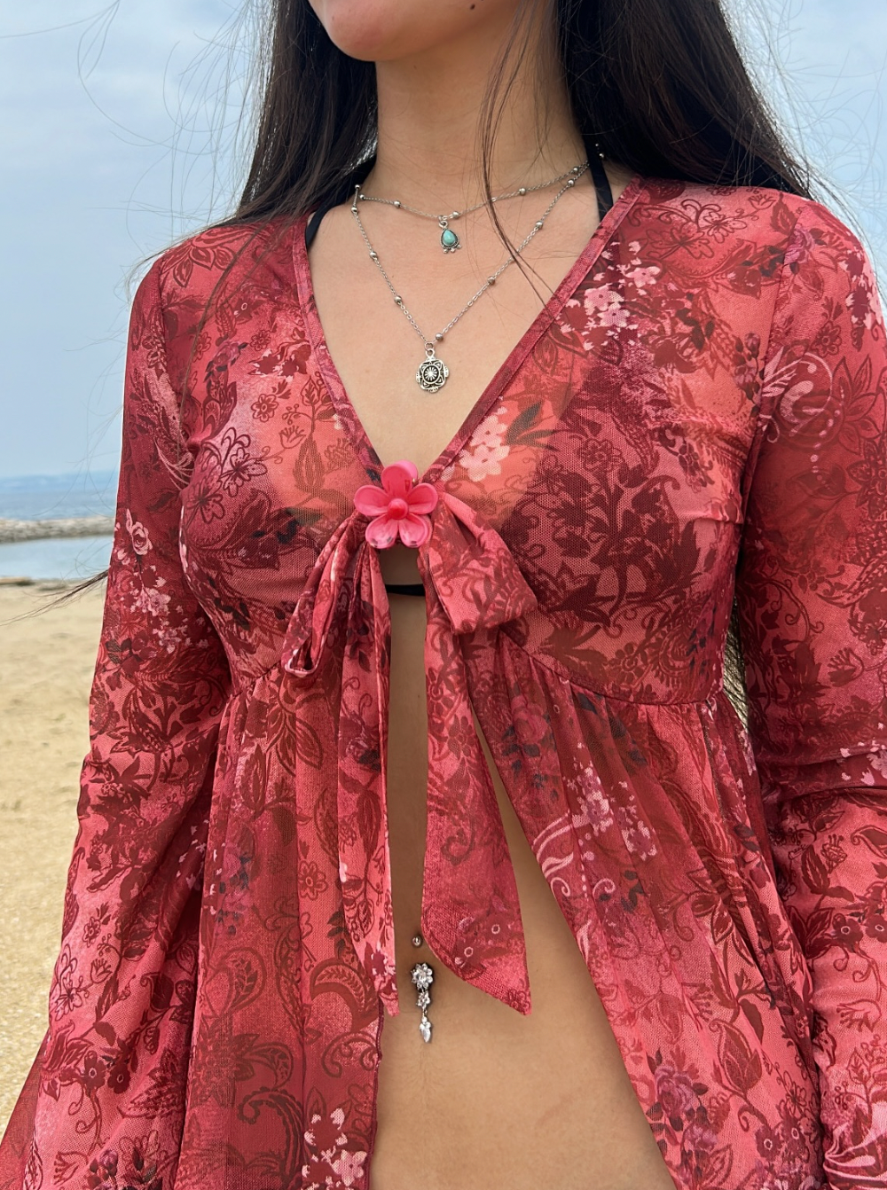 Sheer Mesh Blouse With Bell Sleeves And Floral Print