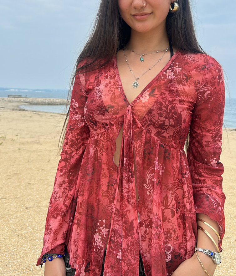 Sheer Mesh Blouse With Bell Sleeves And Floral Print