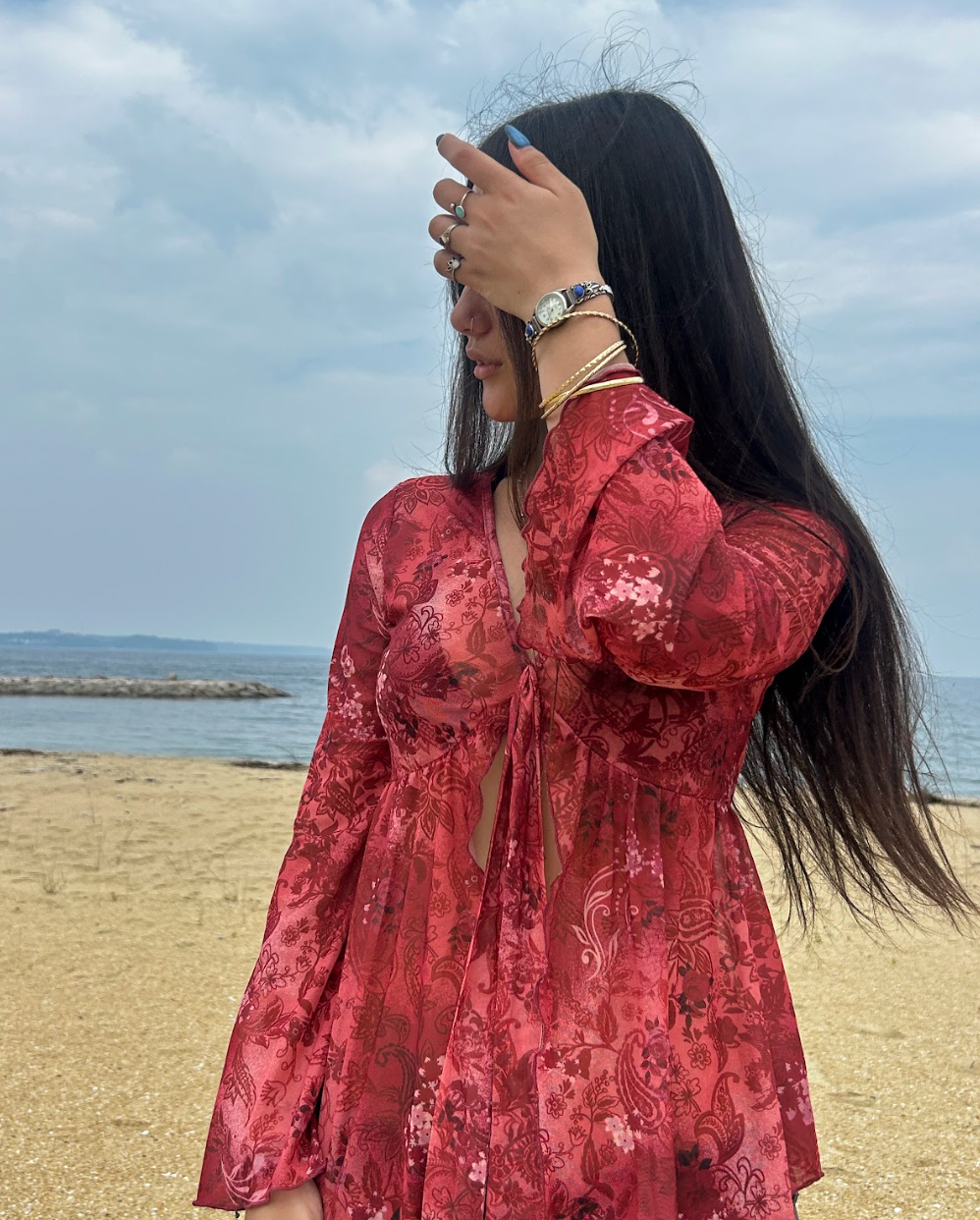 Sheer Mesh Blouse With Bell Sleeves And Floral Print