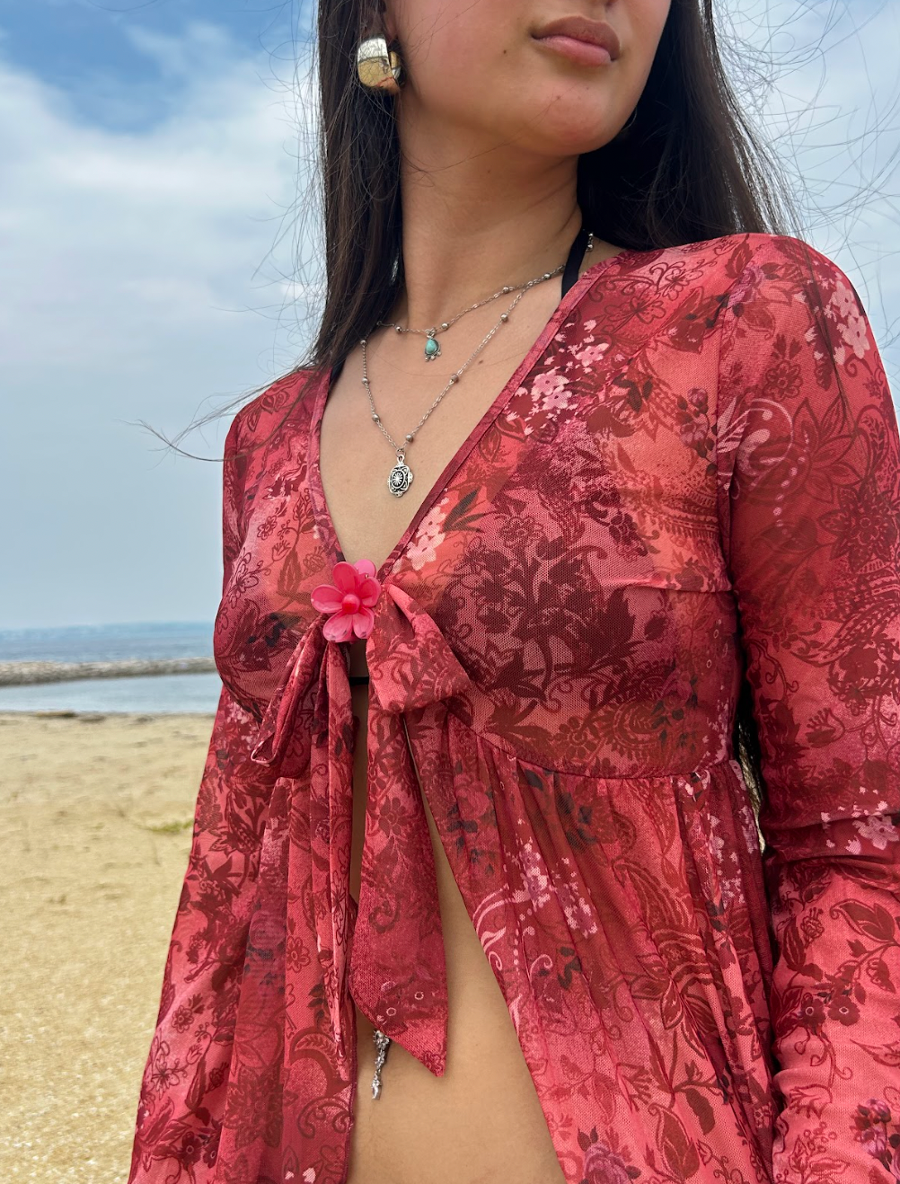 Sheer Mesh Blouse With Bell Sleeves And Floral Print