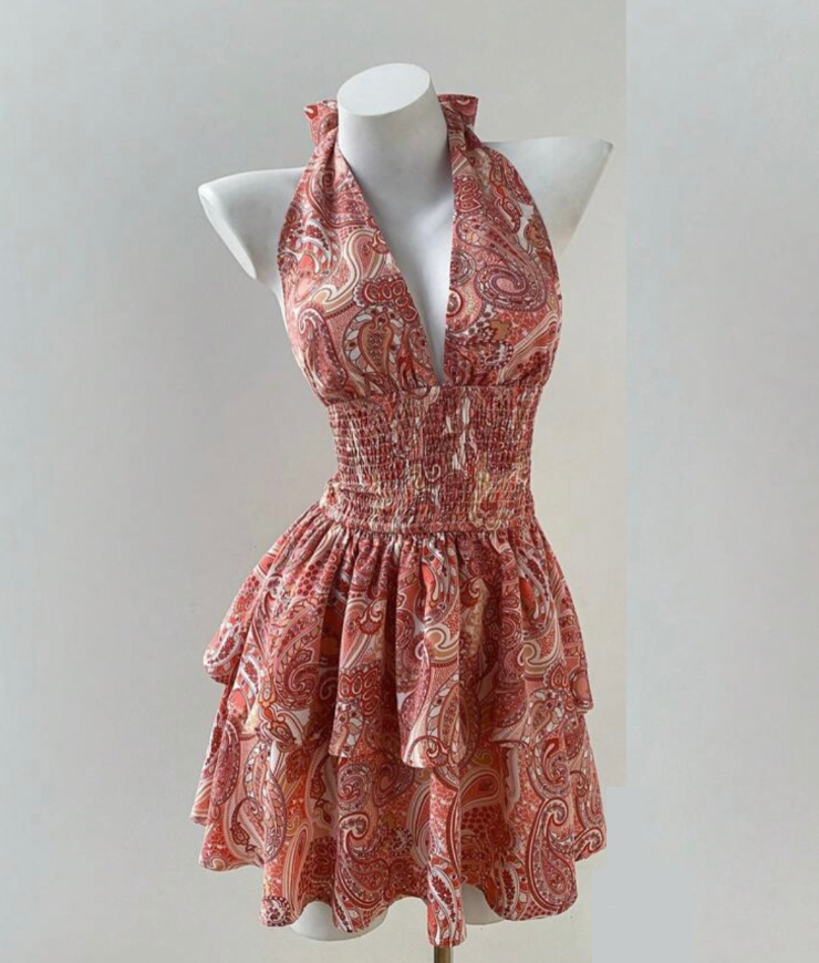 V-Neck Sleeveless Halter Mini Dress