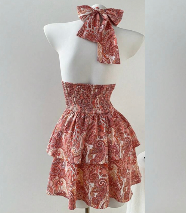 V-Neck Sleeveless Halter Mini Dress