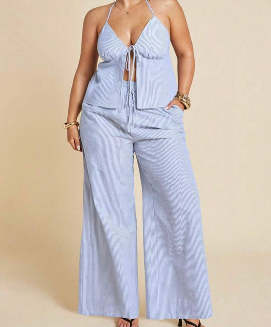 Striped Drawstring Halter Top & Wide-Leg Pants Set