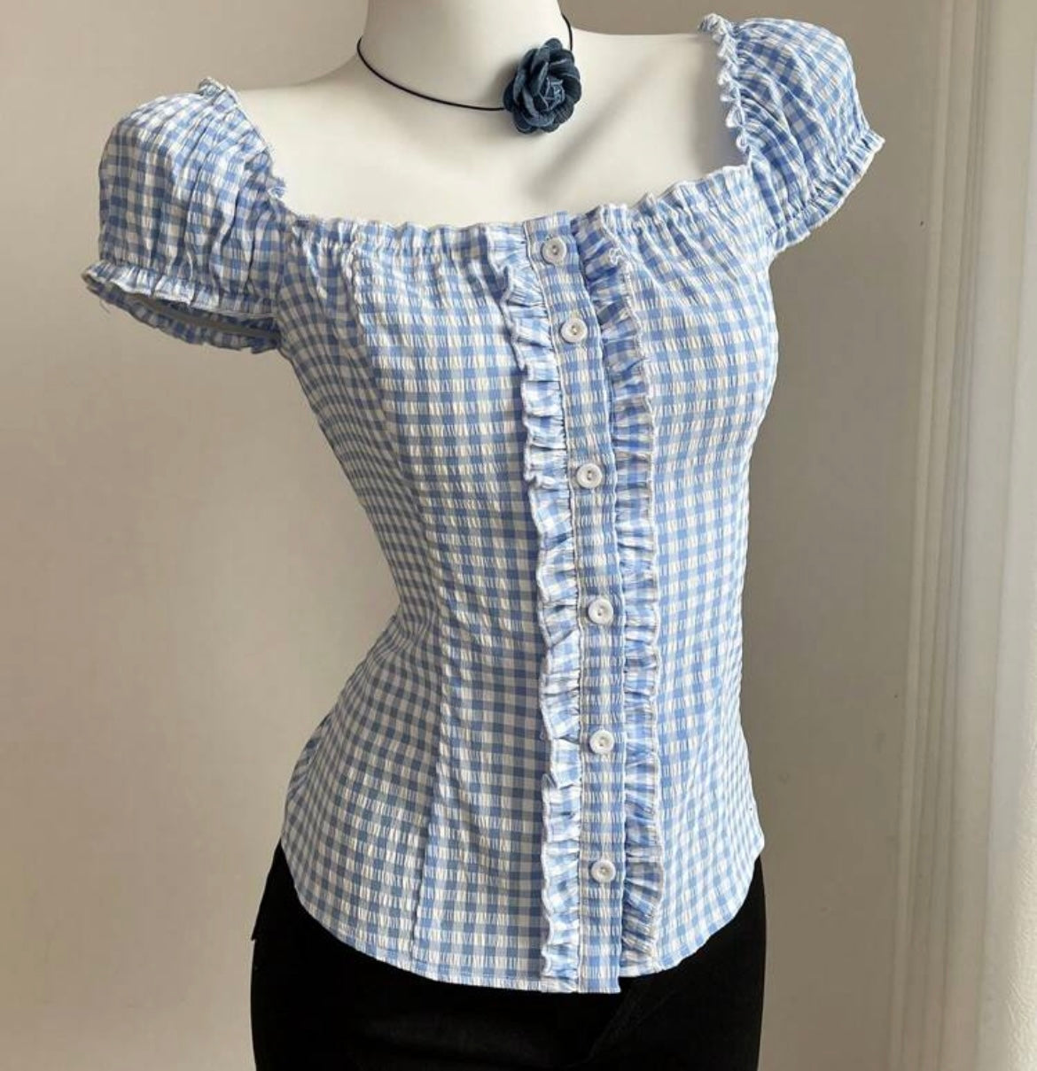 Blue Gingham Ruffle With Puff Sleeves Shirt