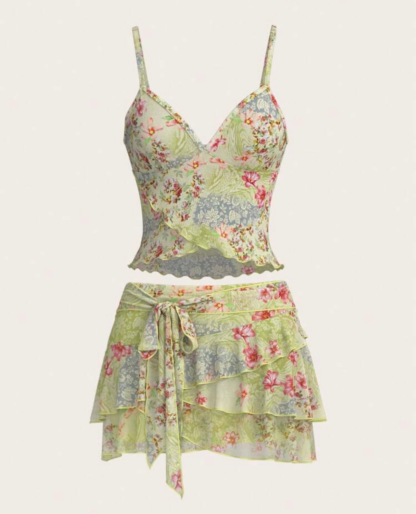 Floral Print Camisole & Low-Waist Skirt Set