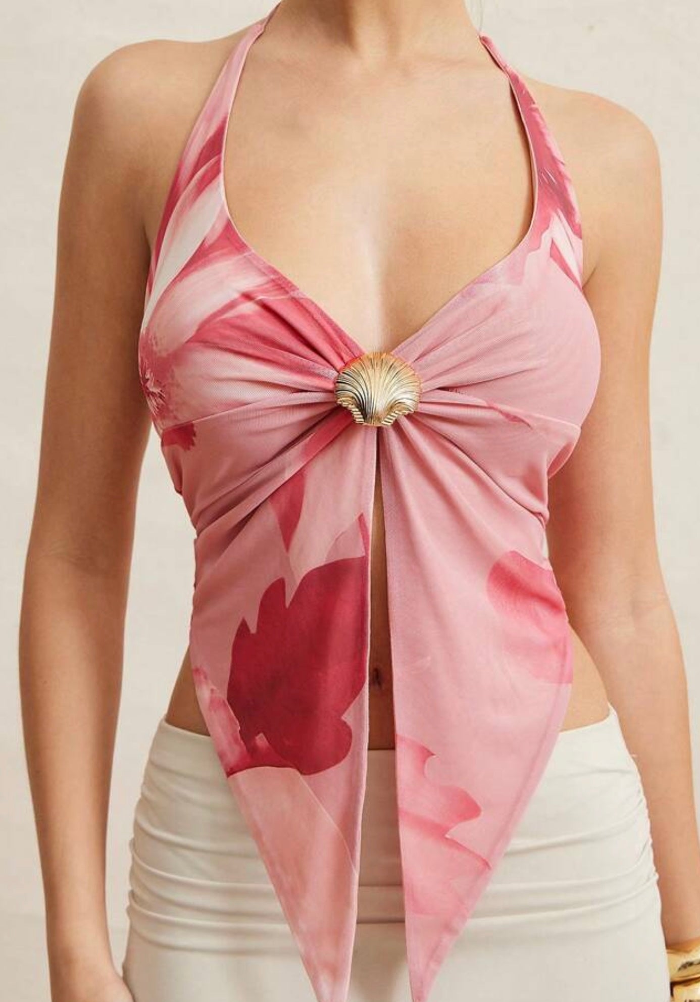 Pink Halter Top With Seashell Detail