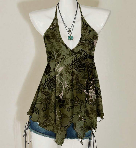 V-Neck Backless Asymmetrical Hem Tied Top