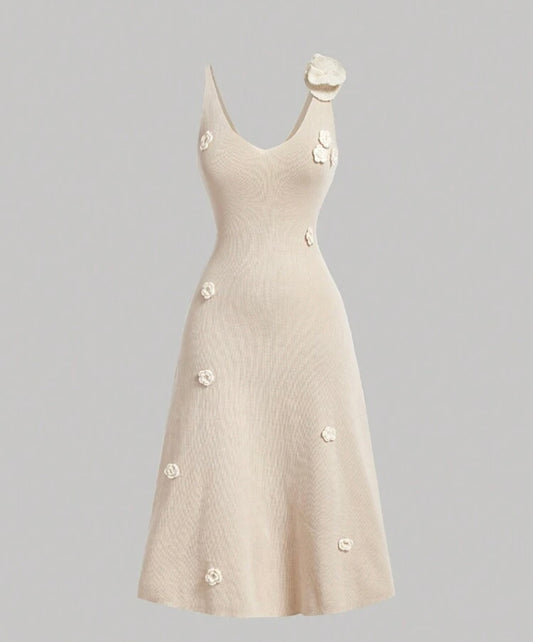Cream Knit Long Dress With 3D Floral