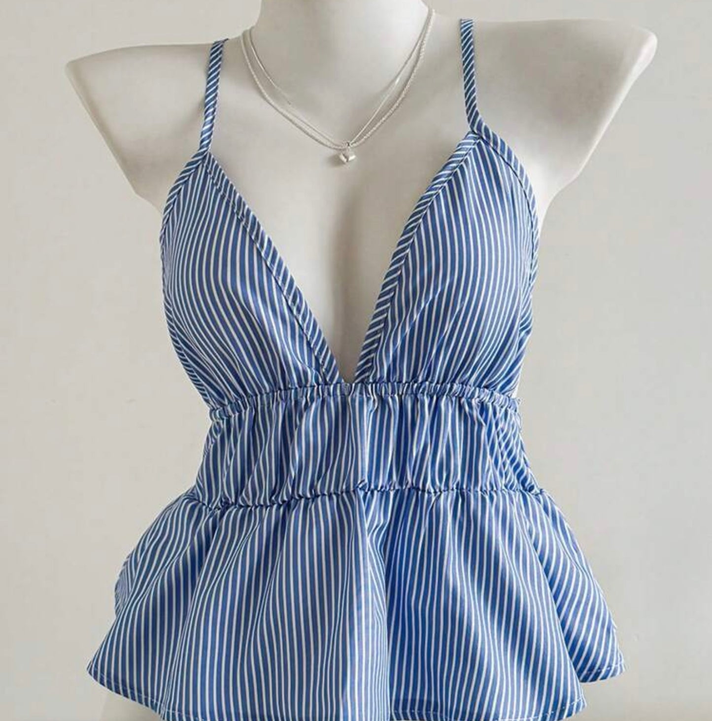 Blue & White Striped Peplum Top With Deep V-Neck