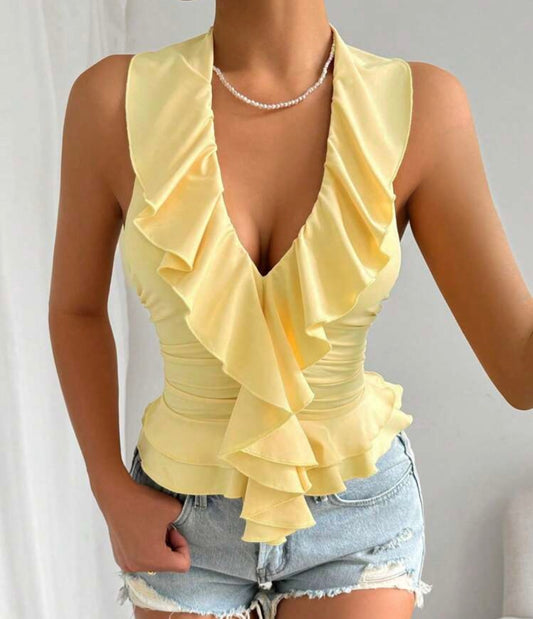Ruffled Sleeveless Top With  V-neckline
