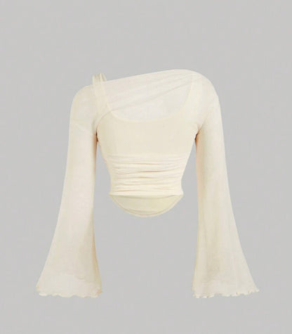 Asymmetrical Mesh Top with Pink Lily Print and Flared Sleeves