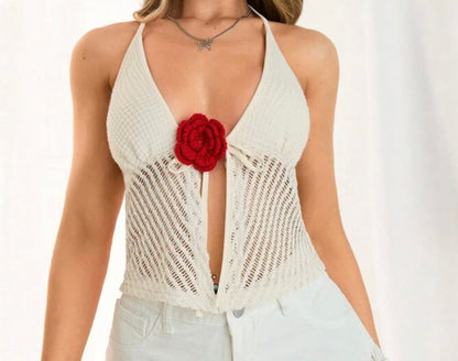 Crochet Halter Top With Red Flower Detail
