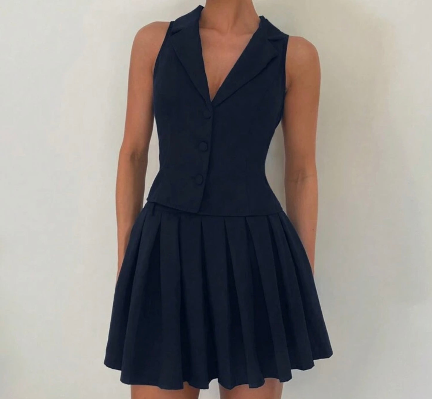 Button Vest & Pleated Mini Skirt Set