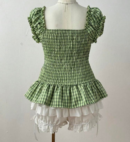Gingham Corset-Style With Puff Sleeves And Peplum Hem Blouse
