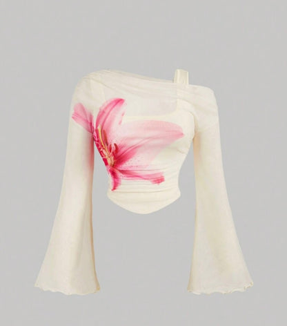Asymmetrical Mesh Top with Pink Lily Print and Flared Sleeves