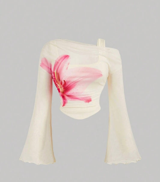 Asymmetrical Mesh Top with Pink Lily Print and Flared Sleeves