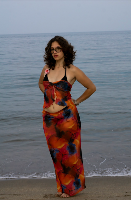 Abstract Set With Strapless Tie-Front Top & Maxi Skirt