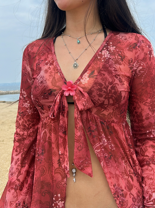 ベルスリーブ付き花柄シアーメッシュブラウス