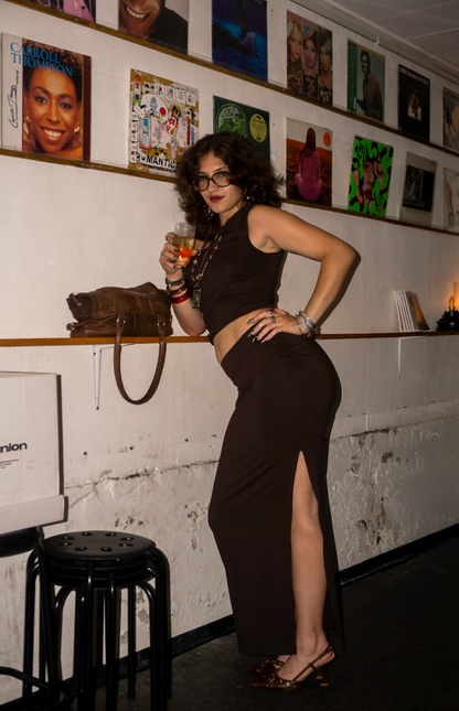 Asymmetric Ruched Oblique Shoulder Top & Hight-Slit Low Waist Skirt