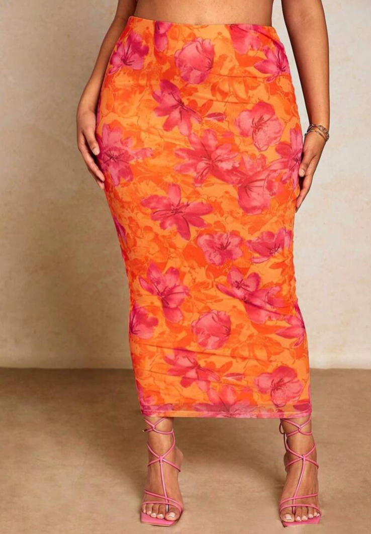 Tropical Sunset Floral Bodycon Midi Skirt