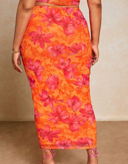 Tropical Sunset Floral Bodycon Midi Skirt