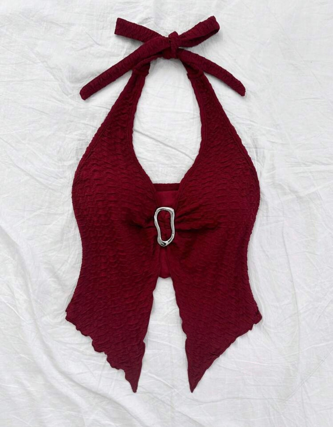 Textured Burgundy Halter Top With Front buckle Detail
