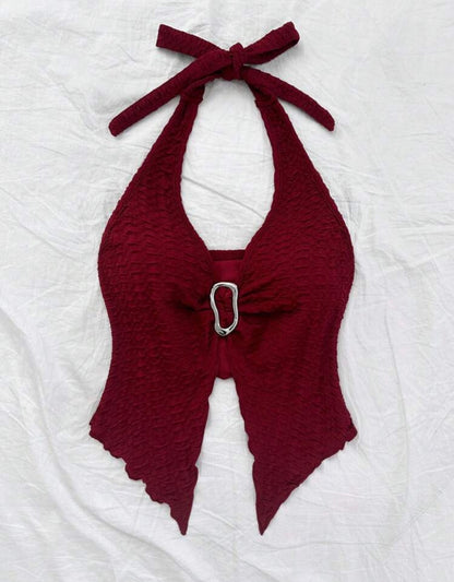 Textured Burgundy Halter Top With Front buckle Detail