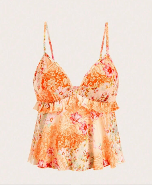 Floral Cami Top With Ruffle Trim