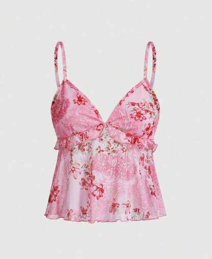 Floral Cami Top With Ruffle Trim