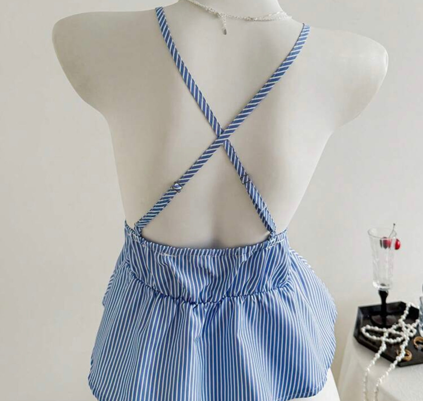 Blue & White Striped Peplum Top With Deep V-Neck