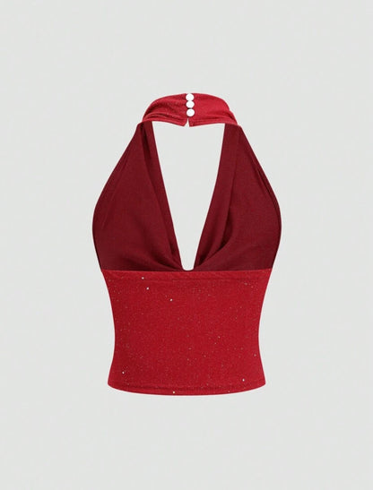 Halter Neck Glitter Top With draped Neckline