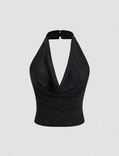 Halter Neck Glitter Top With draped Neckline