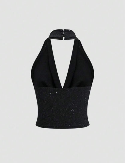 Halter Neck Glitter Top With draped Neckline